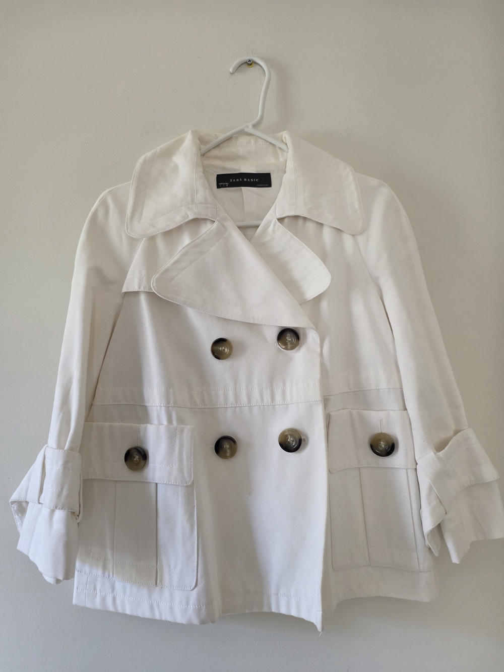 Zara Double-Breasted White Peacoat